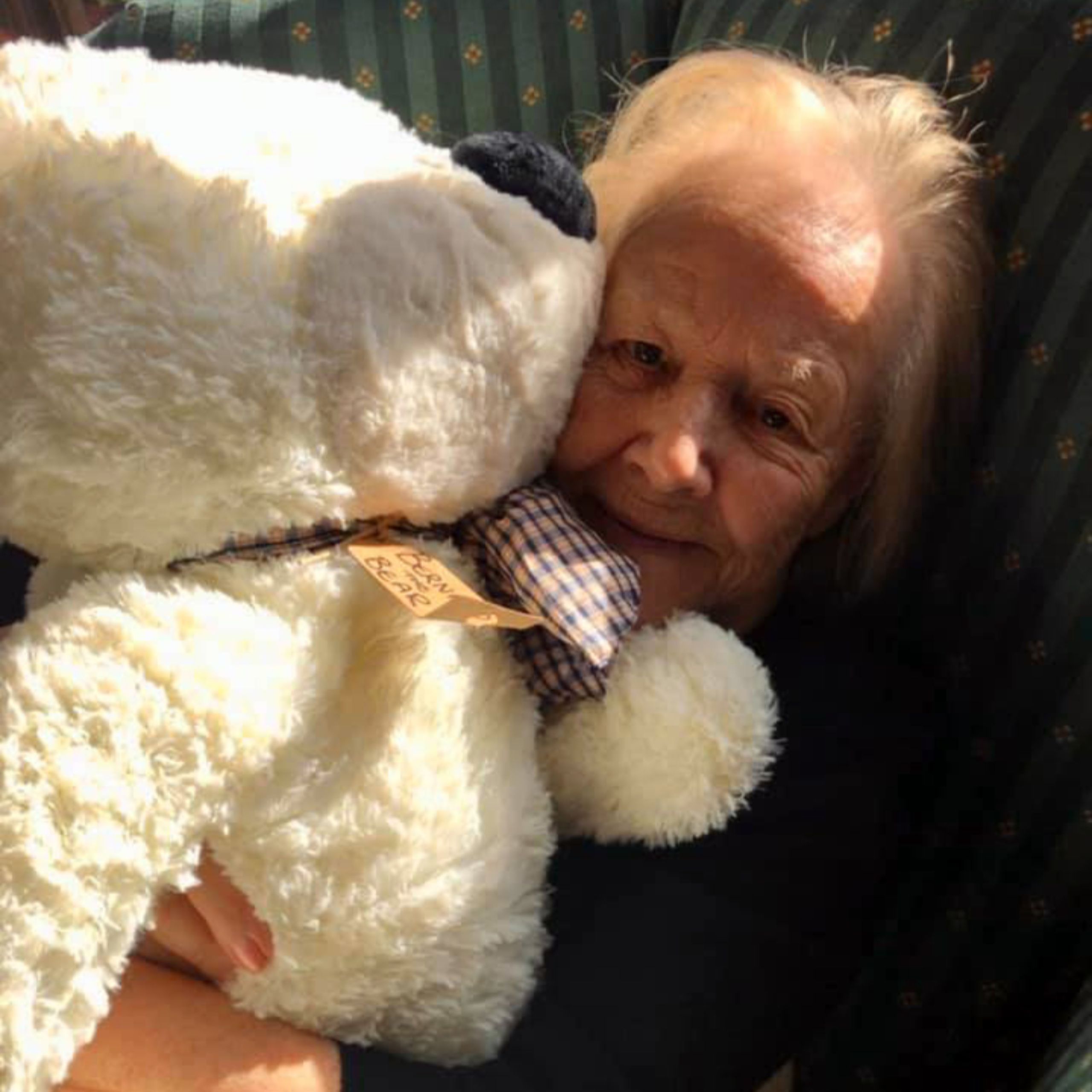 A resident of Old Raven House Care Home in Hampshire cuddles a giant teddy bear for National Hug a Bear Day.